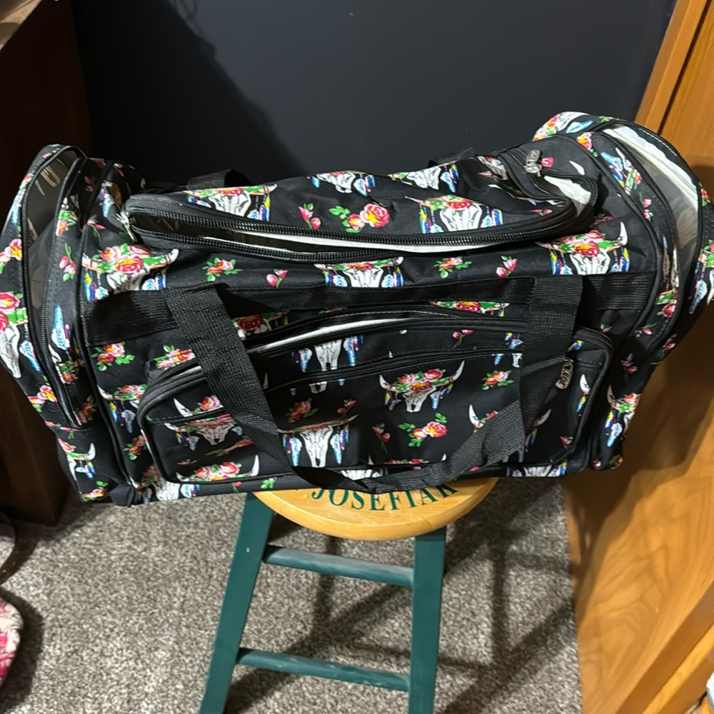 Big duffel bag skulls feathers flowers
